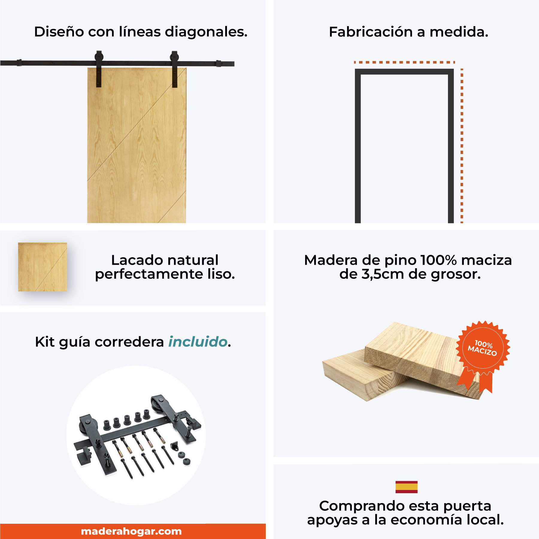 banner informativo de una puerta corredera de madera de pino