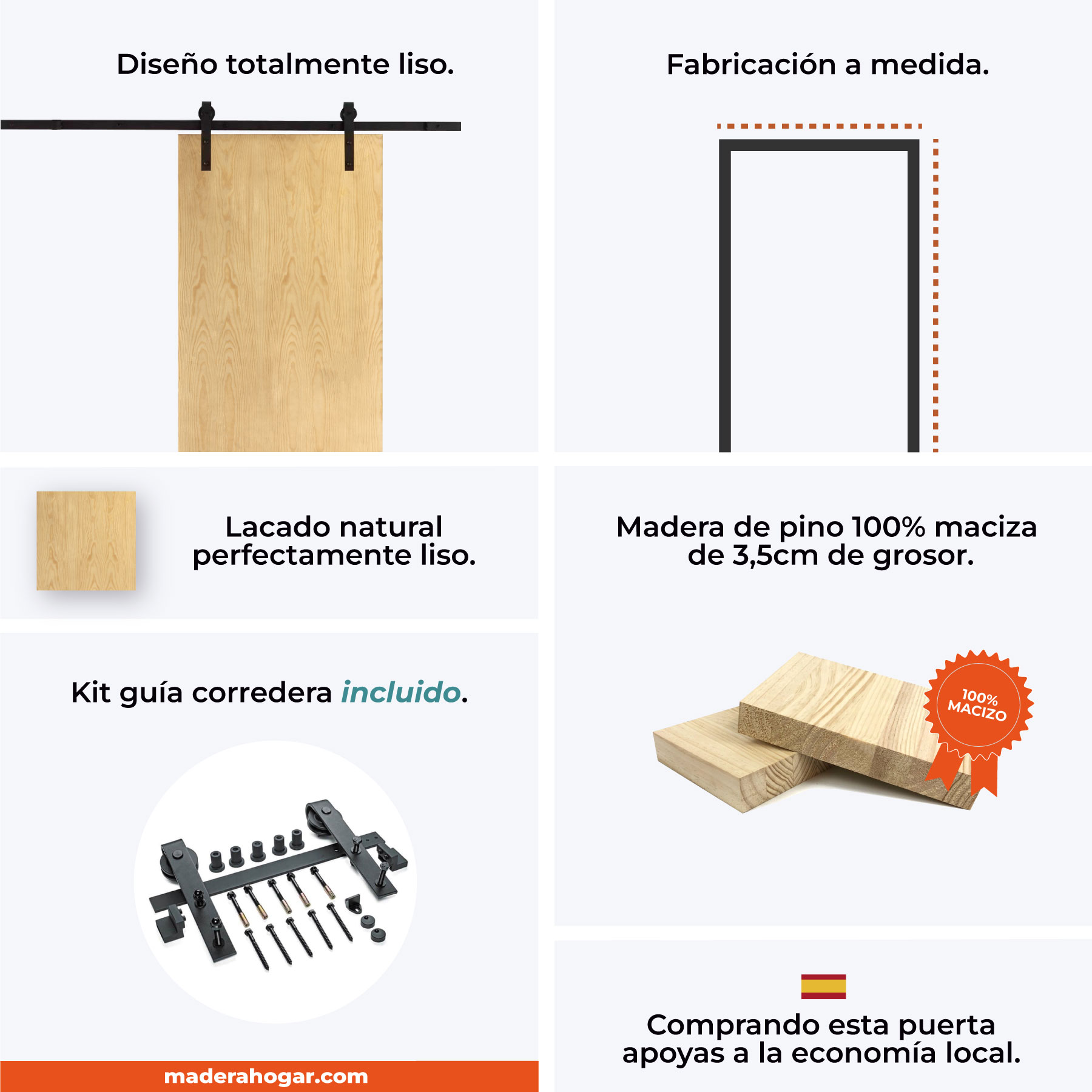 banner informativo de una puerta corredera de madera de pino