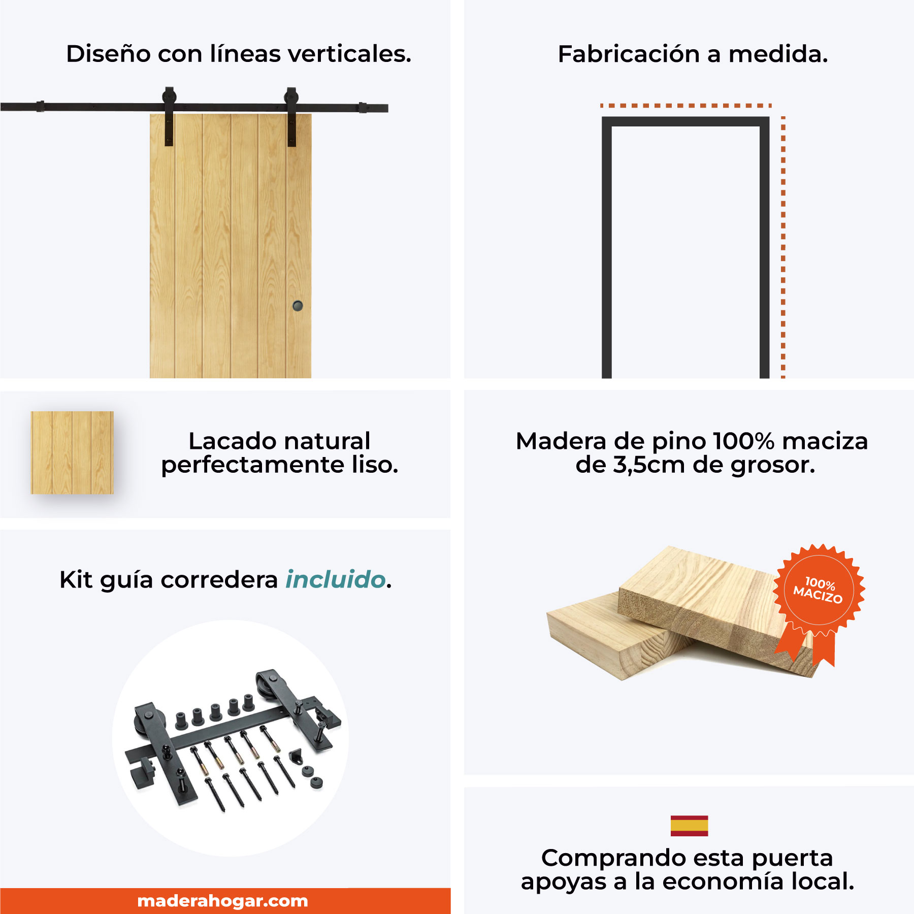 banner informativo de una puerta corredera de madera de pino