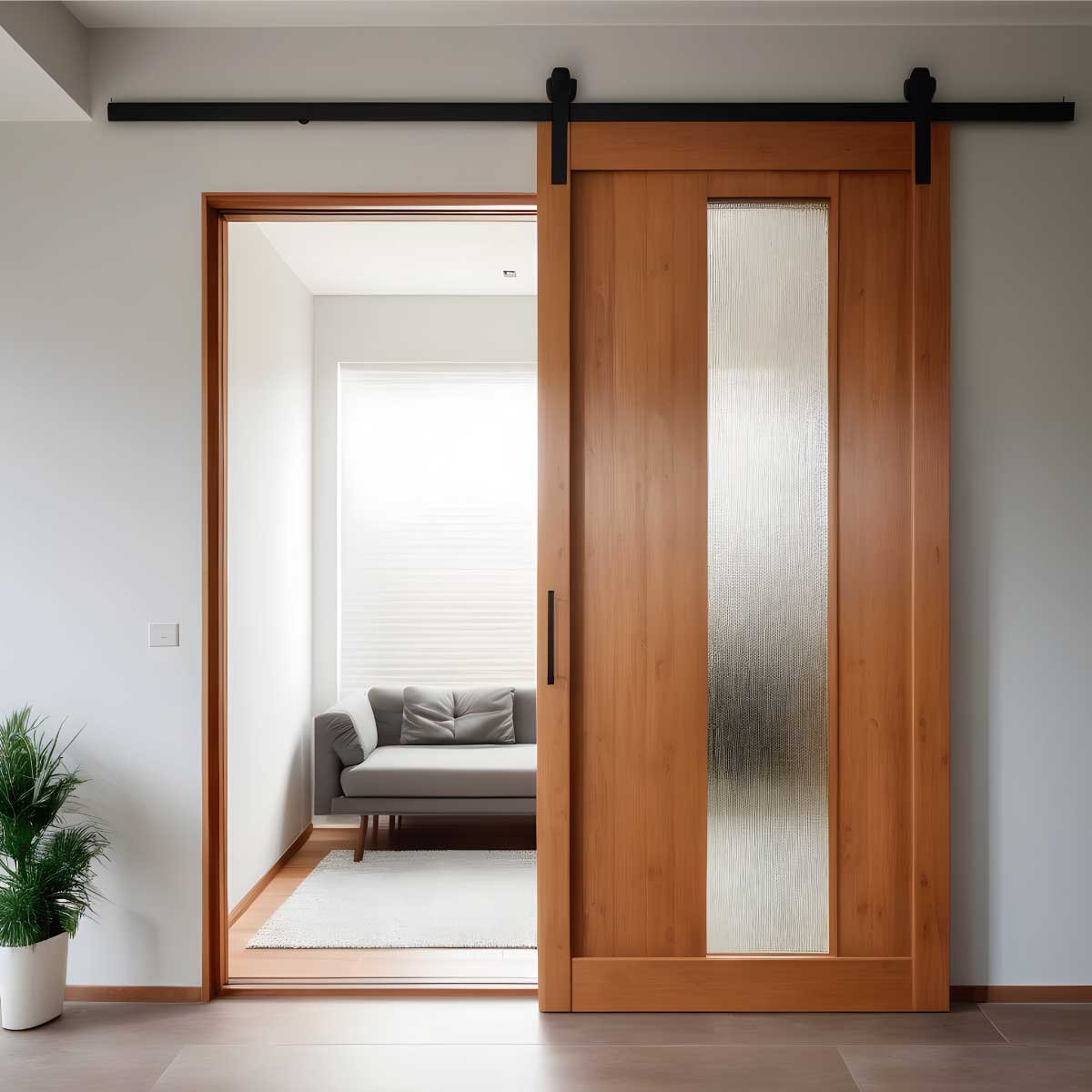 puerta corredera de madera y cristalera montada en una habitacion moderna