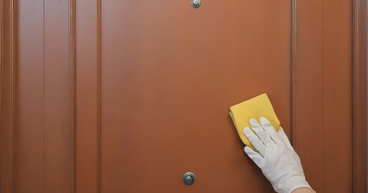 foto realista de persona limpiando una puerta de madera